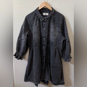 WE THE FREE (L) Hannah Charcoal Denim Mini Dress Long Sleeve 100% Cotton Boho